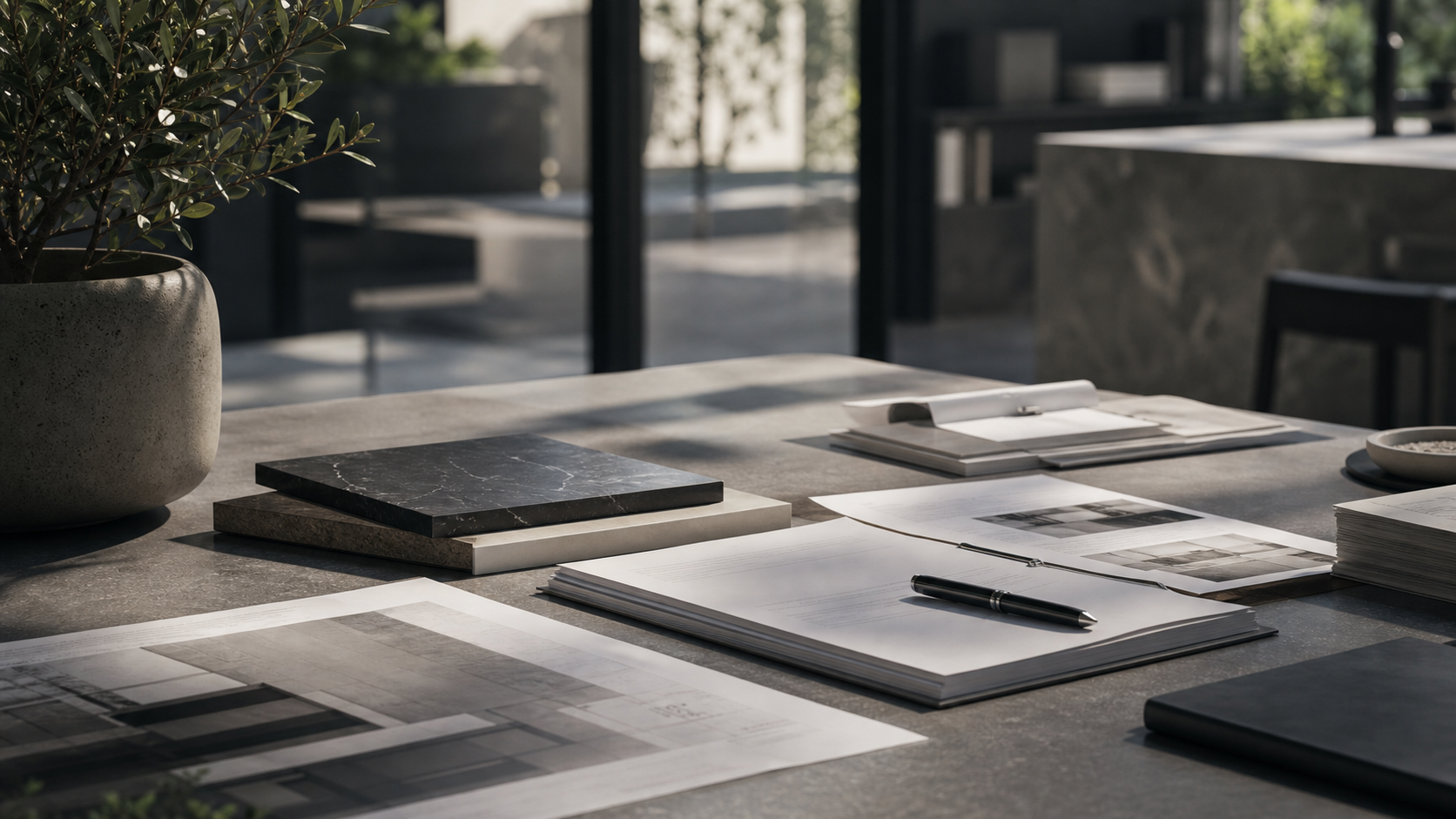 Documentos e materiais de arquitectura sobre mesa
