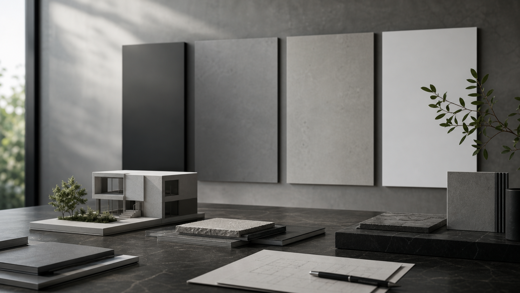 Estúdio de arquitectura com modelo e materiais